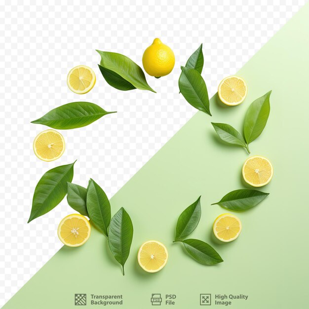 Lemon leaves folded and isolated on a transparent background in front of a circle