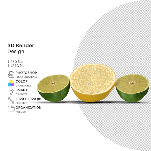 File psd di modellazione 3d di limone e lime limone realistico