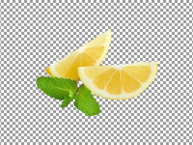 PSD lemon wedge slices with leaves isolated on transparent background