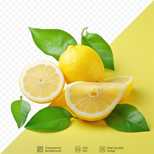 PSD lemon with green leaf isolated lemon whole half slice leaves on transparent background lemon slices with zest isolated with clipping path in focus