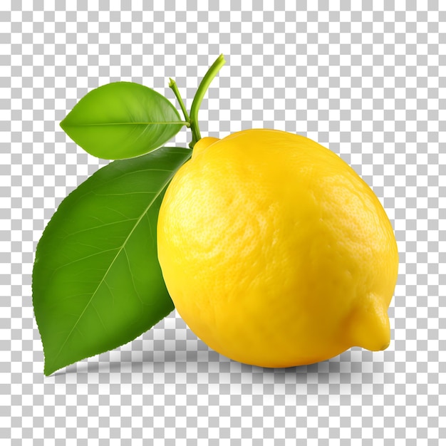 A lemon with a green leaf on it isolated on a transparent background