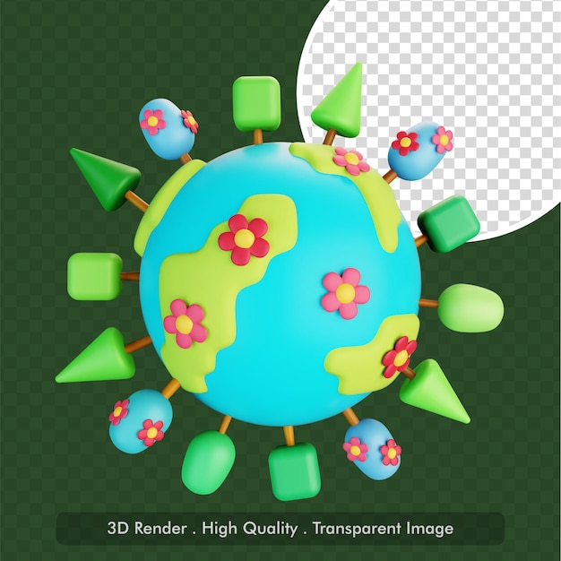 Lente op aarde met bomen en bloemen schattig gestileerde 3d illustratie