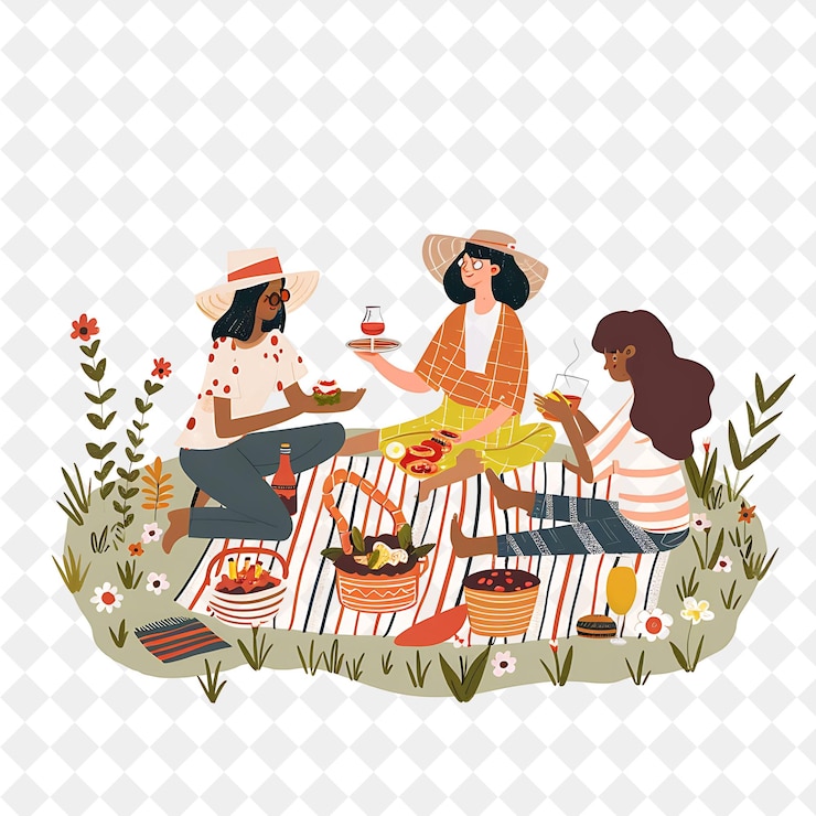 PSD lente picknick met vrienden genieten van eten en spelletjes design is png festival 2d flat art illustraties