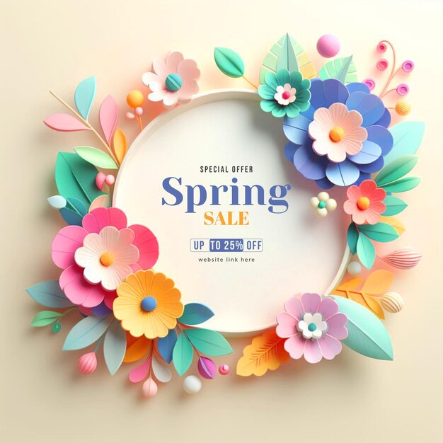 Lente speciale aanbieding 3d banner achtergrond met lente seizoen verkoop tekst en kleurrijke bloem