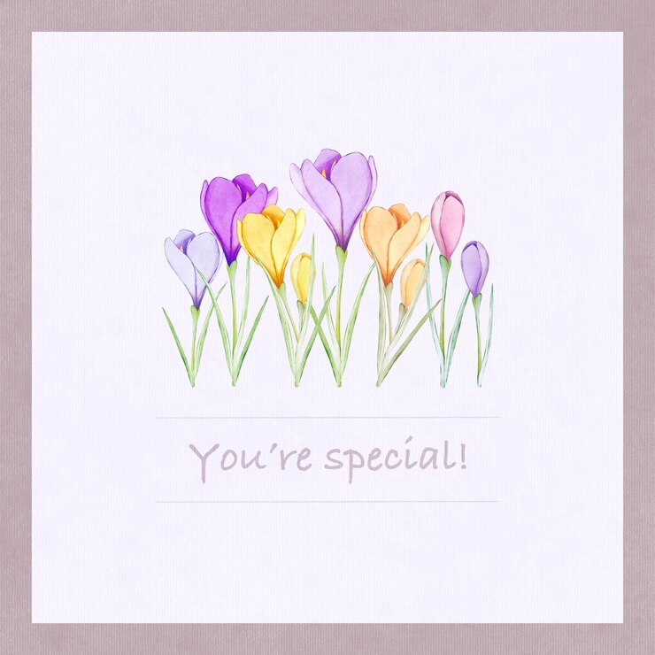 PSD lentepostkaart met crocus vakanties groetekaart paarse en oranje bloemen afdruk vrouwelijk schattig