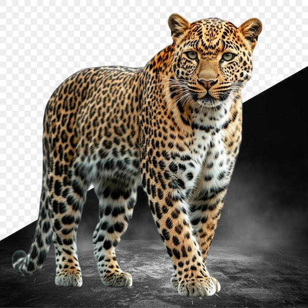 a leopard figure is standing on a table with a black background
