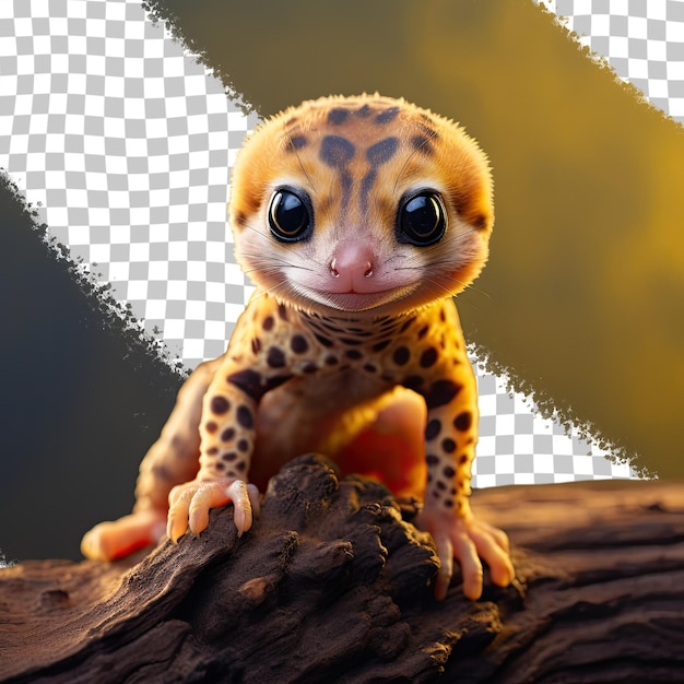 PSD leopard gecko baby resting on log transparent background