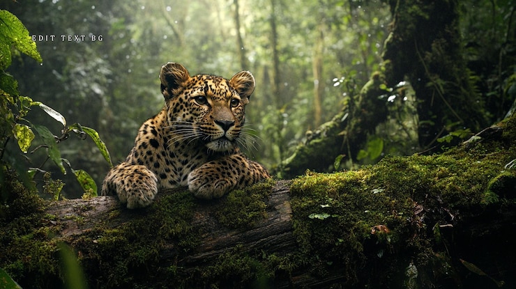 PSD a leopard rests on a mosscovered log in a lush misty rainforest