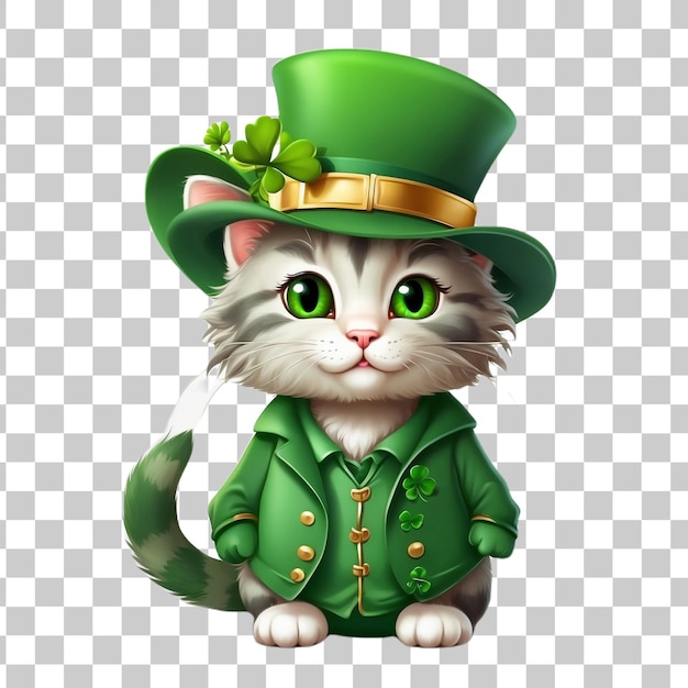 PSD leprechaun cat wearing green leprechaun costume on transparent background