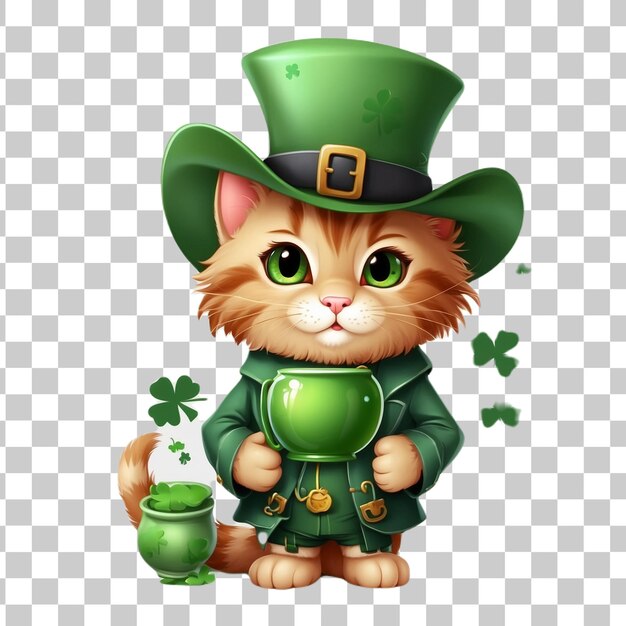 PSD leprechaun cat wearing green leprechaun costume on transparent background