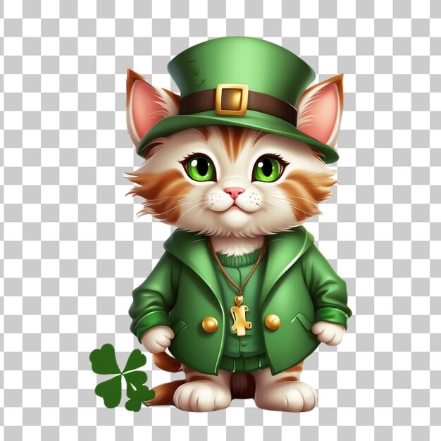 Leprechaun kat die een groen leprechaun kostuum draagt op een doorzichtige achtergrond