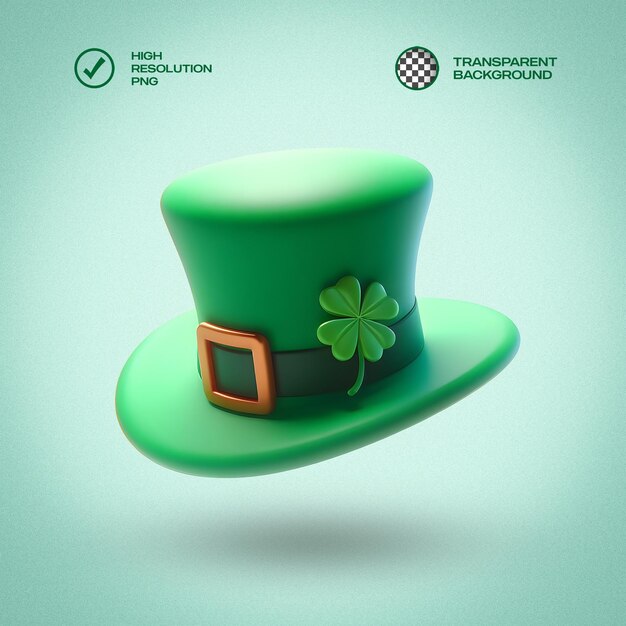 Leprechauns green hat st patrick day 3d render transparent isolated background