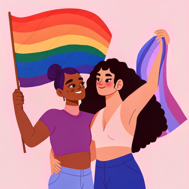 PSD lesbian couple with lgbt flag illustrated