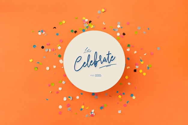 PSD let's celebrate, rounded card mockup with confetti. 3d rendering