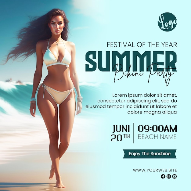 Letni Plakat Z Piękną Dziewczyną W Letnim Bikini Na Plaży Jako Tło