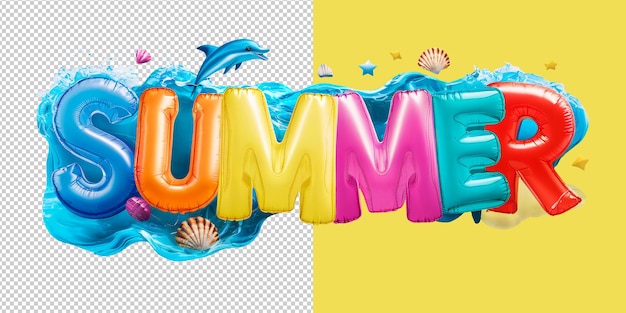 Letni projekt tekstu 3D wykonany z elementów letnich, owoców morza, słońca, wakacji.