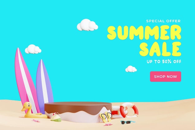 Letni szablon transparentu plaży z ilustracją 3d