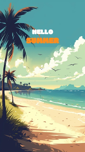 PSD letnia plaża na tle drzew kokosowych i ptaków morskich