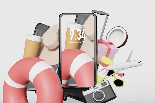 Letnie Rzeczy Z Makietą Telefonu Komórkowego W Renderowaniu Ilustracji 3d