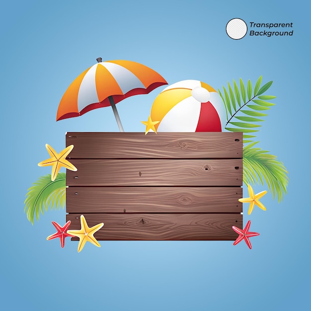 Letnie wakacje na plaży z kulą z parasolem, gwiazdą morską i drewnianą deską