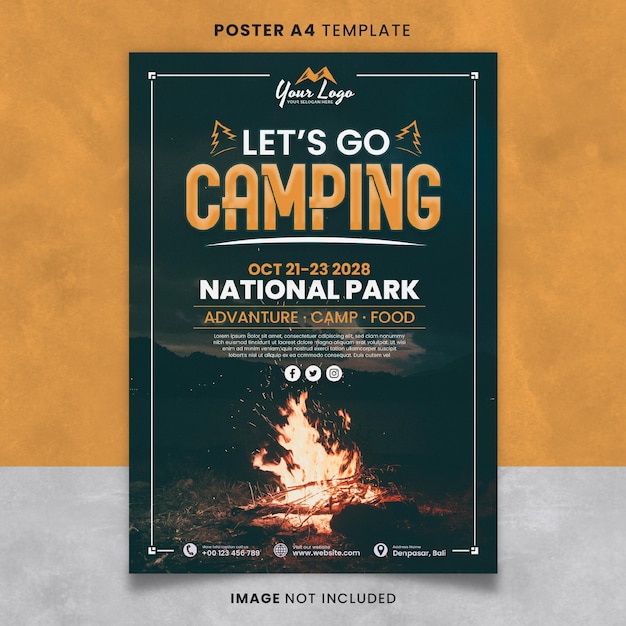 PSD lets go camping poster o modello di banner pronto per la stampa