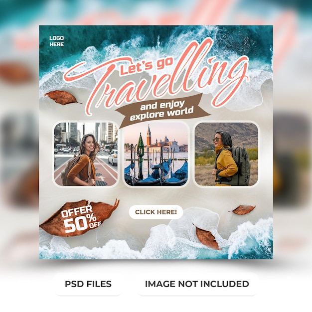 PSD lets go travelling instagram post or social media post template premium psd