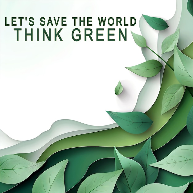 PSD Позвольте спасти мир думать зеленый фон с векторным иллюстрацией листьев