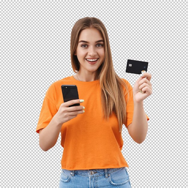 Lets do some online shopping Portrait of cheerful blonde girl sitting on covid19 selfquarantine and paying for food delivery using credit card and mobile phone