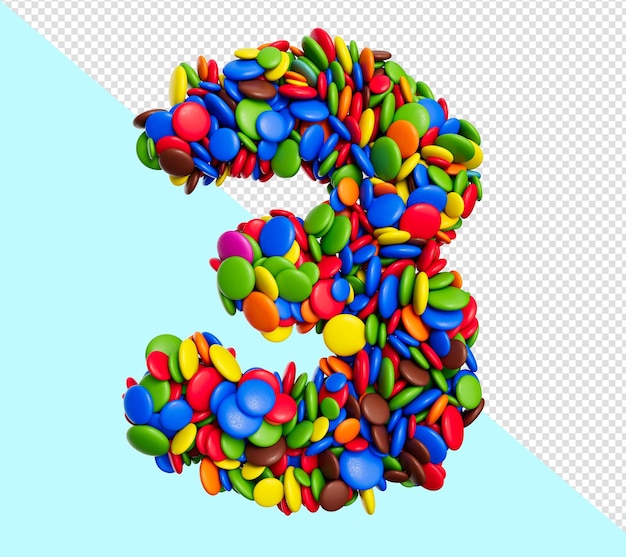 PSD lettera 3 cifra di caramelle arcobaleno multicolori festive isolate su sfondo bianco illustrazione 3d