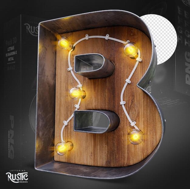 Letter b 3d in metaal en hout met lampjes aan