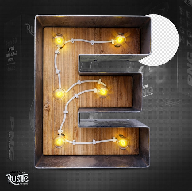 Letter e 3d in metal and wood with lights on