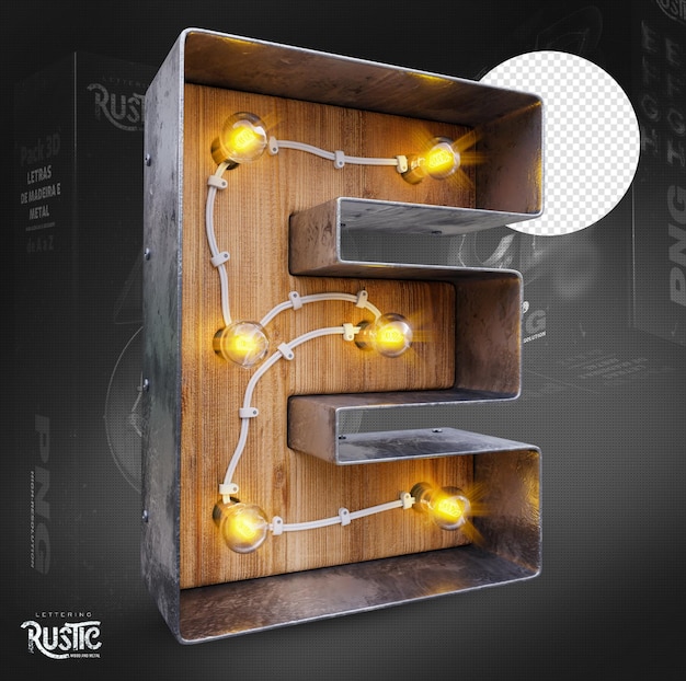 Letter e 3d in metal and wood with lights on