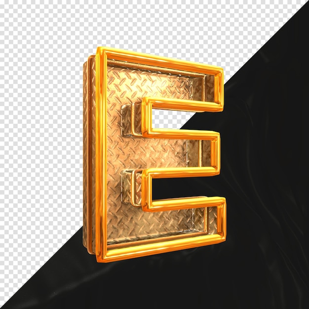 letter e 3d render with realistic metallic texture side view