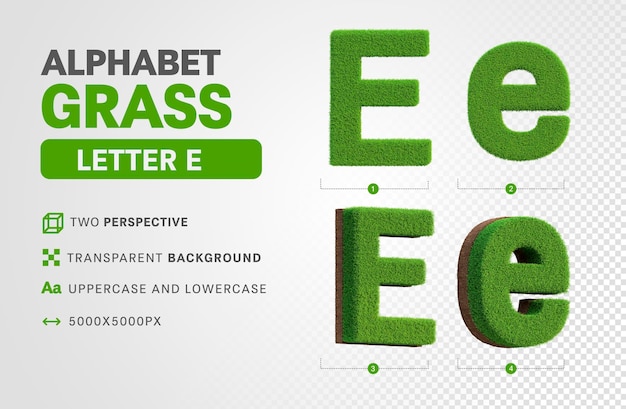 PSD letter e in grass alphabet in 3d render realistic