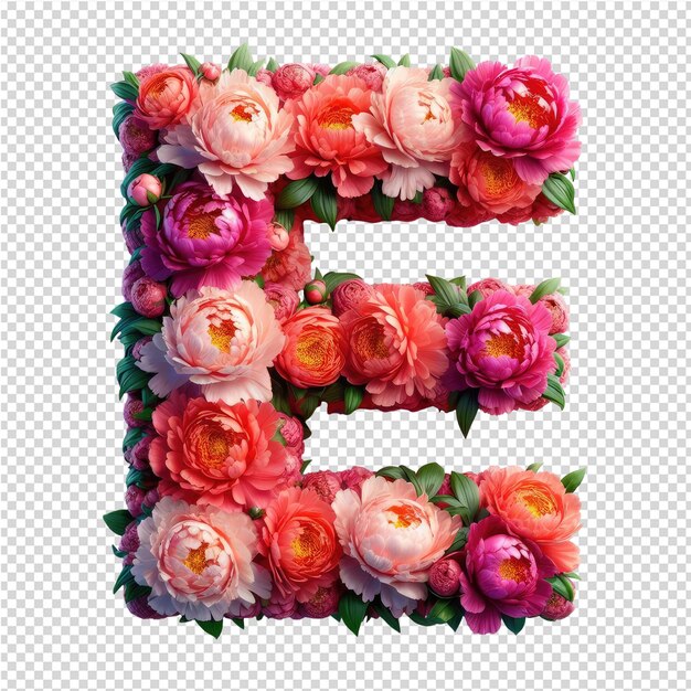 PSD a letter e is made with flowers and the letter e