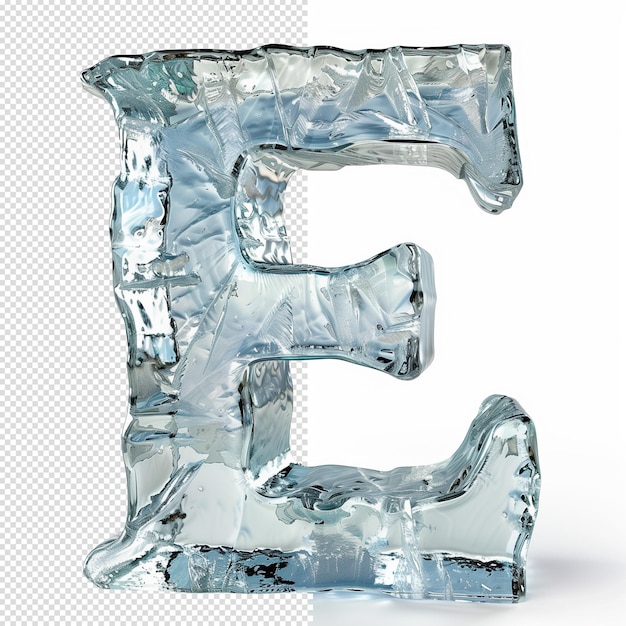 PSD a letter e made of ice with a white background