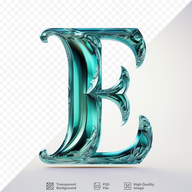 PSD the letter e in a metallic royal font isolated on a transparent background with a bright teal shine