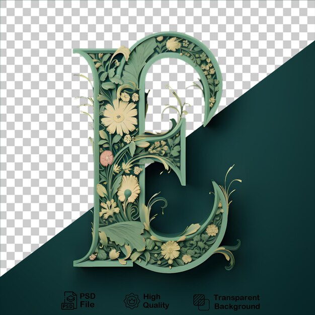 PSD letter e with green flower isolated on transparent background include png file