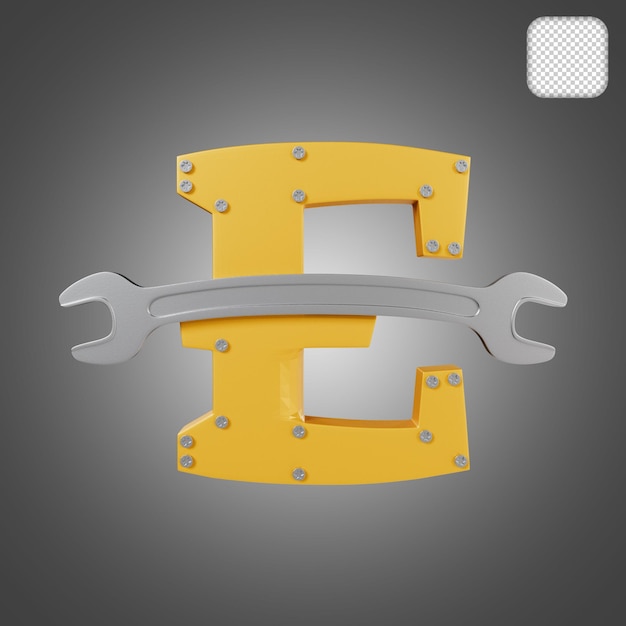 PSD letter e with wrench 3d illustration