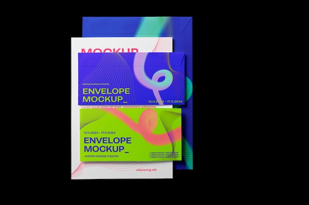 PSD mock-up di lettere e buste con colori al neon