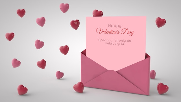 Letter in an envelope and red hearts. 3d illustration. Valentine's day mockup