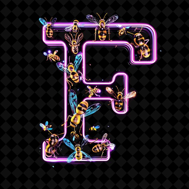 PSD letter f decorated with neon glowing plastic insects with ol neon color y2k typo art collections