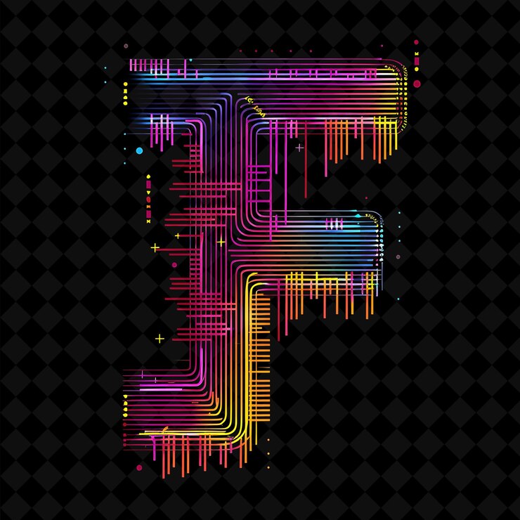 PSD letter f festooned with short neon zigzag strokes complement neon color y2k typo art collections
