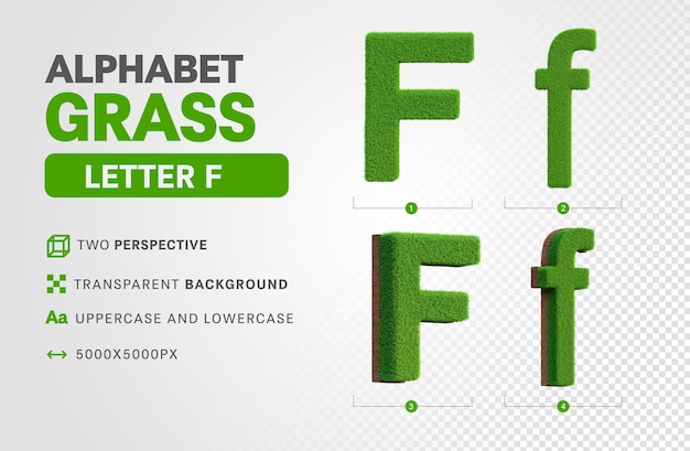 PSD letter f in grass alphabet in 3d render realistic