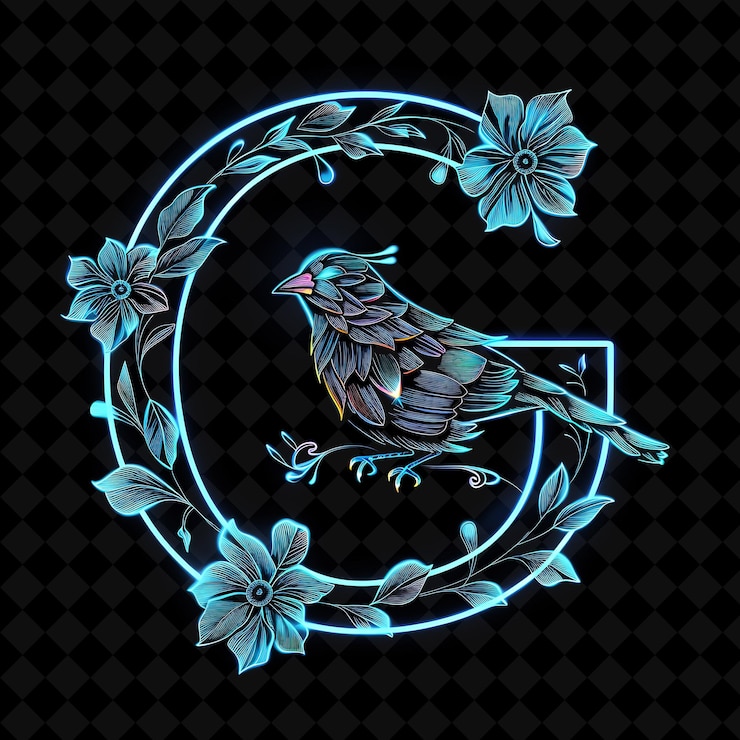 PSD letter g adorned with neon illuminated paper birds with scri neon color y2k typo art collections