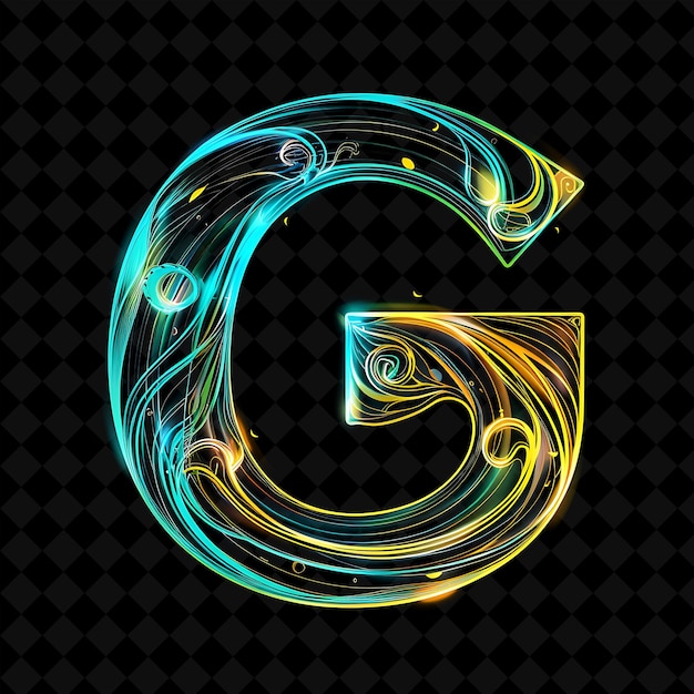 PSD letter g designed with neon glowing swirl with gothic font n neon color y2k typo art collections