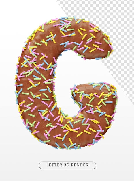 Letter g with chocolate texture and colorful sprinkles on transparent background in 3d render