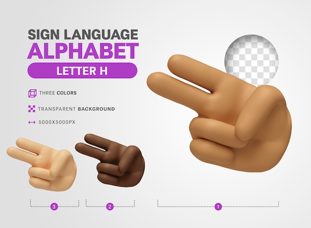 PSD letter h in american language sign alphabet 3d render cartoon