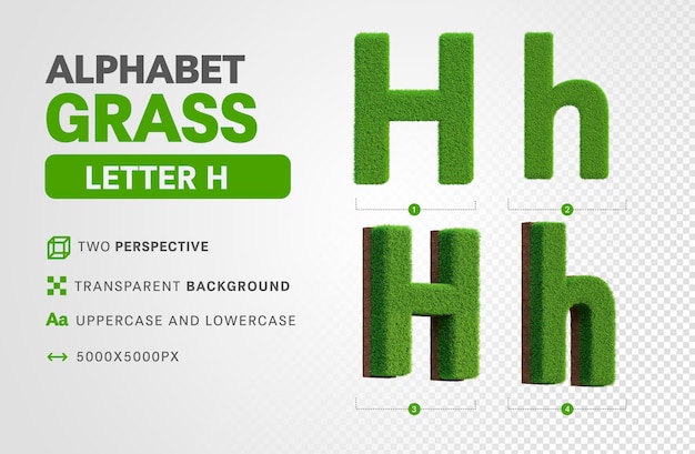 PSD letter h in grass alphabet in 3d render realistic