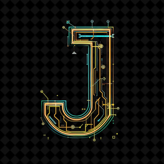 Letter j geaccentueerd met neon verlichte strepen en pixel neon color y2k typo art collections